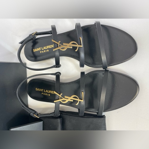 NEW SAINT LAURENT YSL BLACK LEATHER LOGO FLAT CASSANDRA SANDALS BOX 37 - Picture 4 of 11